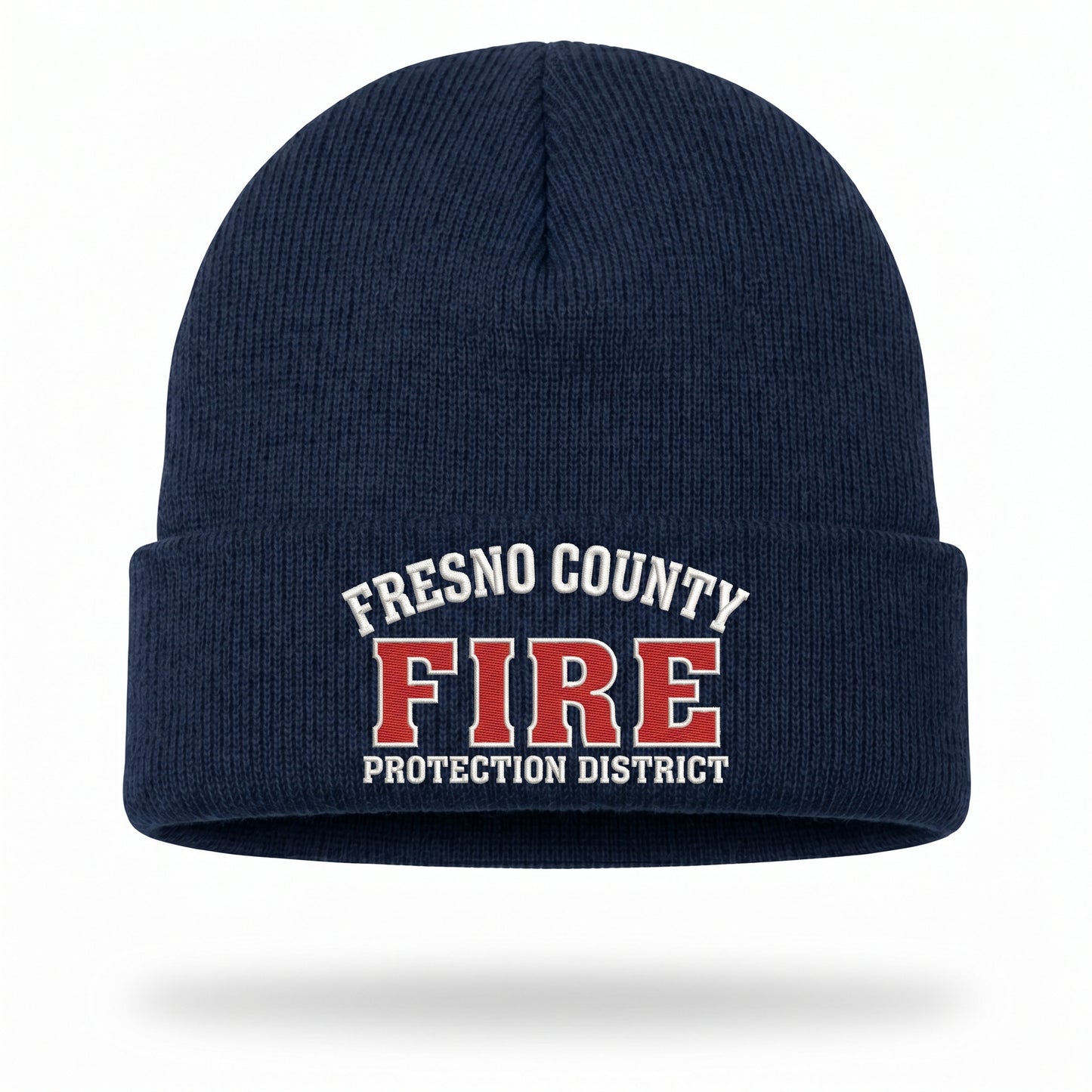 Navy cuffed knit beanie embroidered with the Fresno County Fire Protection District logo