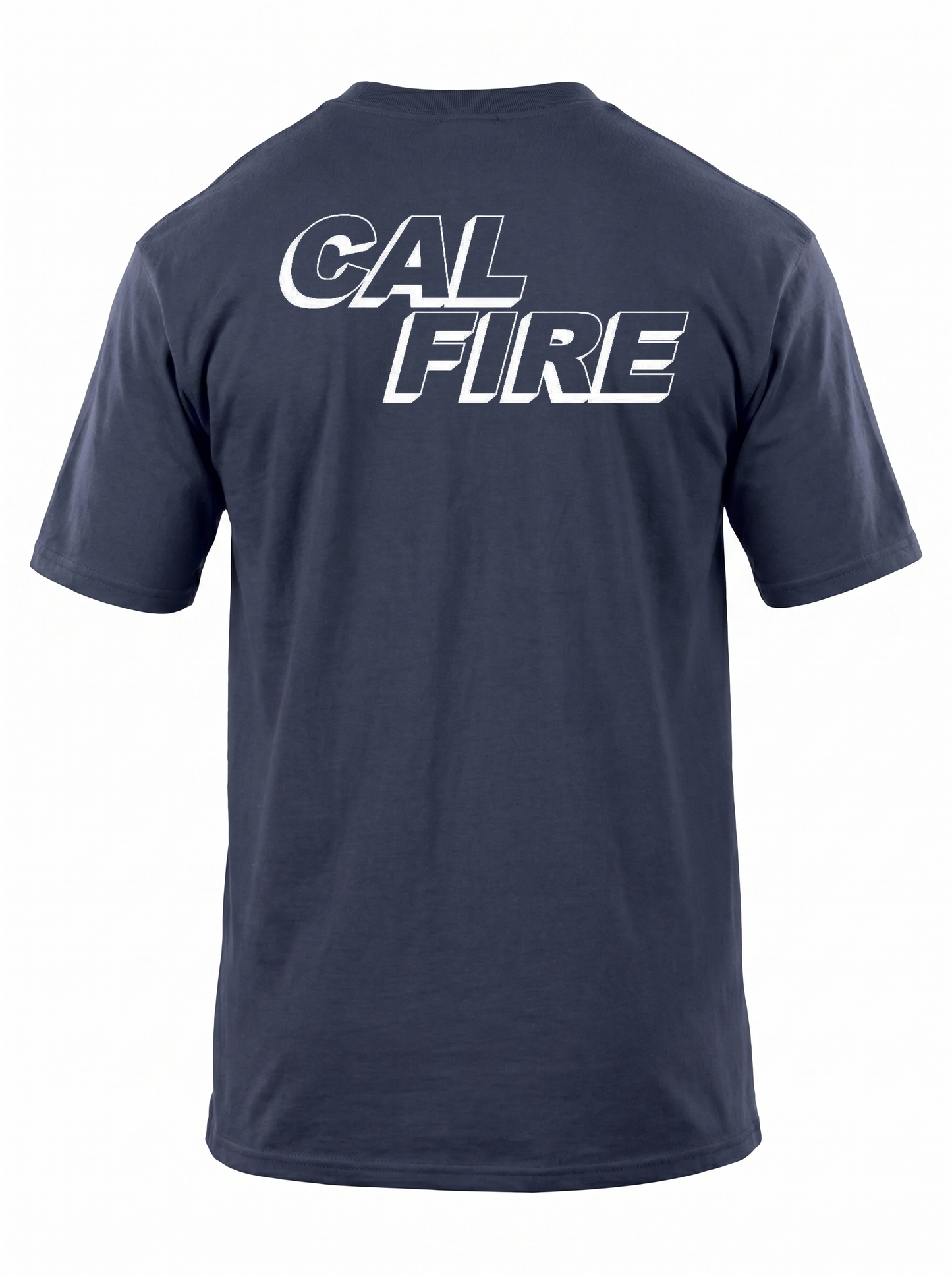 Fire Navy 5.11 Station Wear short-sleeve CAL FIRE t-shirt — back view with the large white CAL FIRE logo across the upper back.
