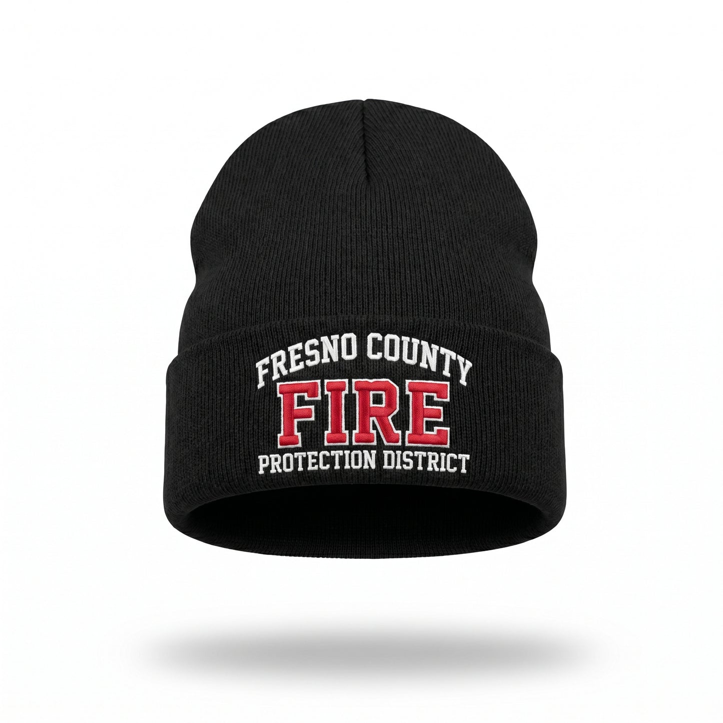 Black cuffed knit beanie embroidered with the Fresno County Fire Protection District logo
