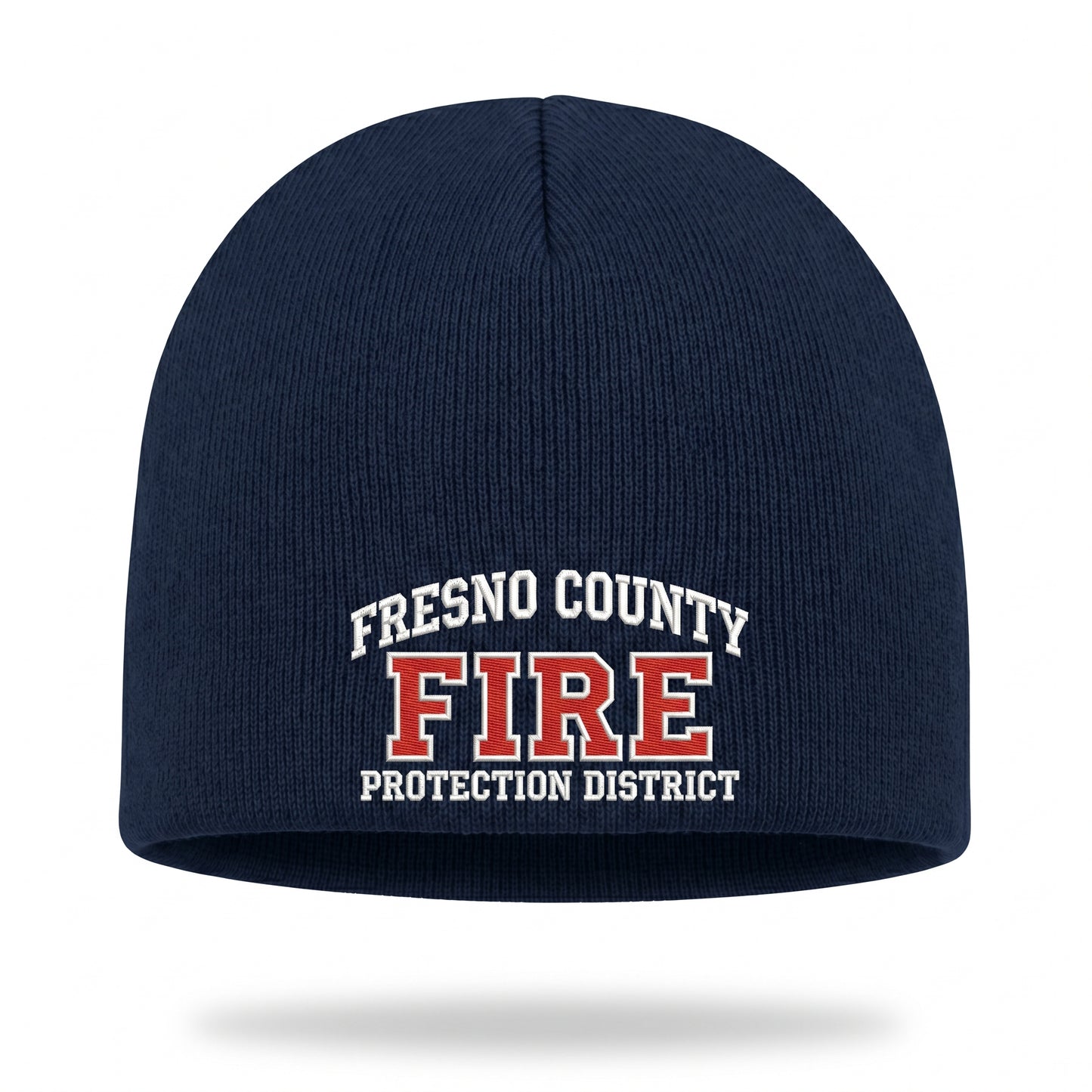 Navy uncuffed skull cap beanie embroidered with the Fresno County Fire Protection District logo