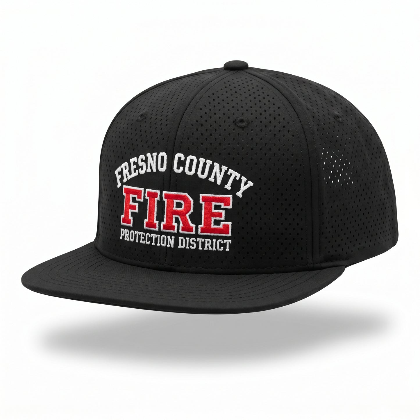 Black laser-vented 5-panel flat bill hat embroidered with the Fresno County Fire Protection District logo