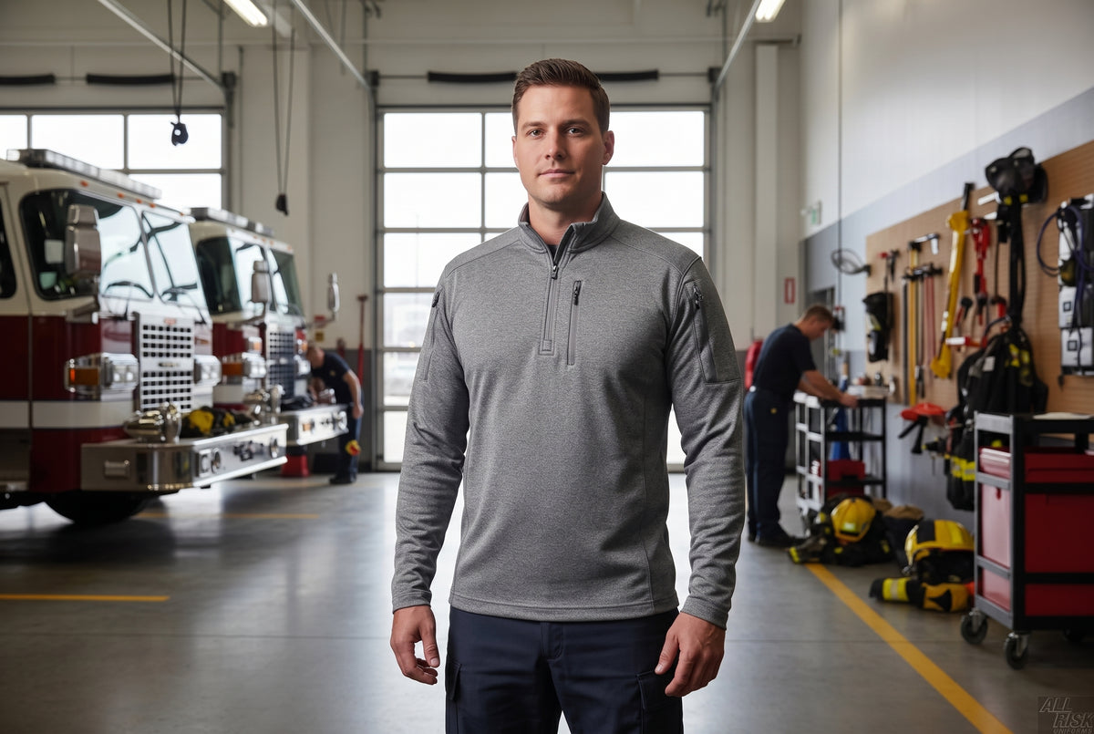Firefighter wearing 5.11 Tactical Job Shirt 2.0 in heather gray showing professional fit for fire department uniform