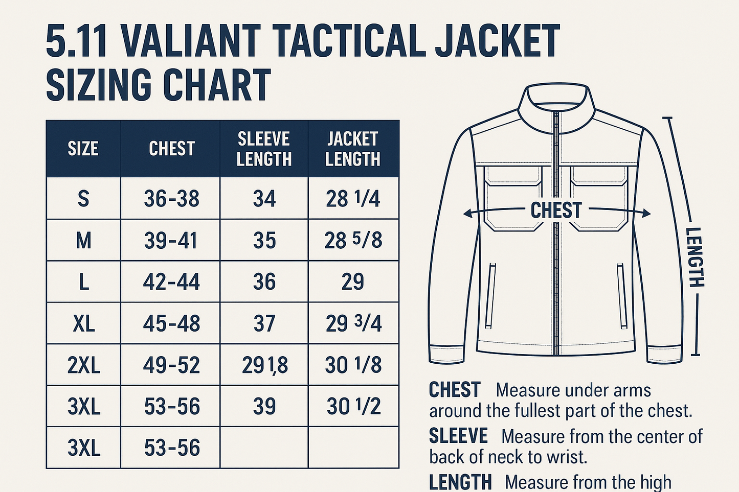 5.11 Valiant Jacket Navy Size Chart