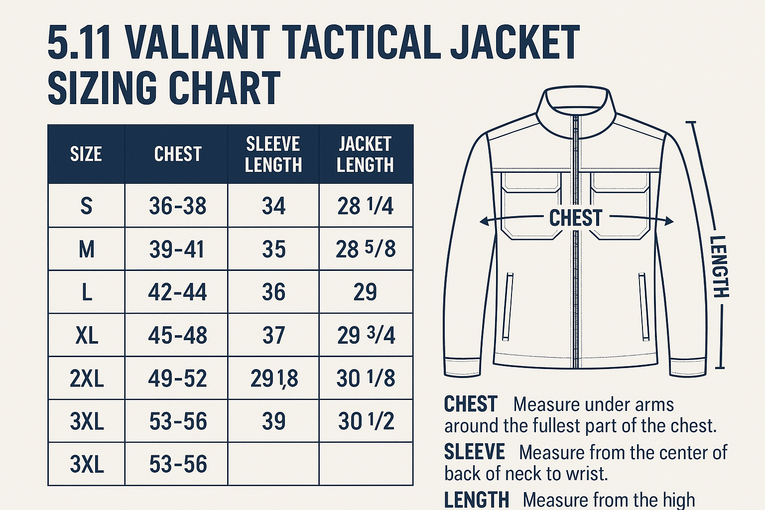 5.11 Valiant Jacket Navy Size Chart