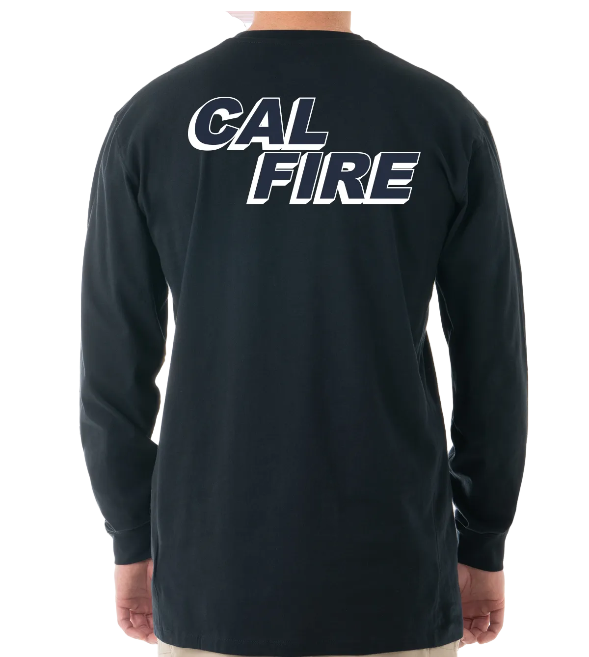 Male model seen from behind in the black long-sleeve shirt, large white CAL FIRE italic wordmark across the upper back.