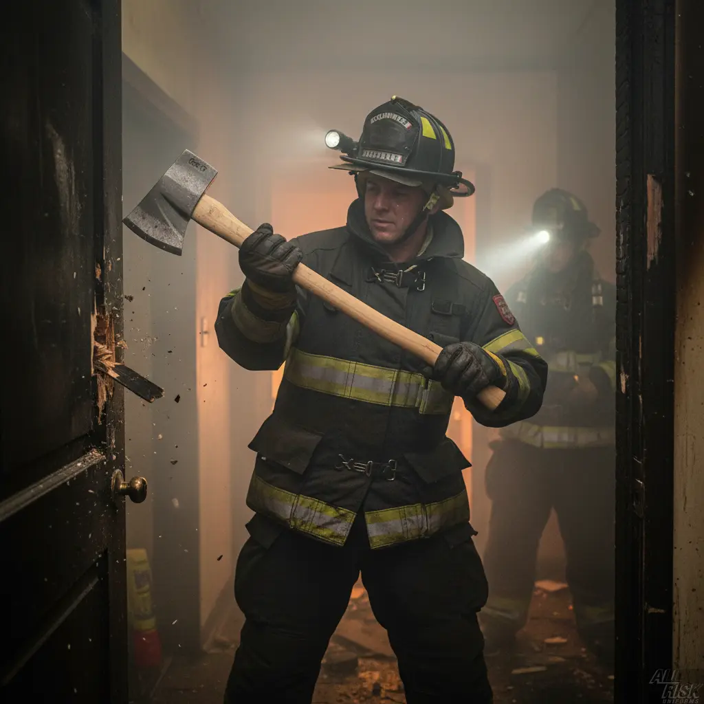 Firefighter using Council Tool 6lb flathead fire axe during forcible entry operation - tool in action chopping through door during emergency response