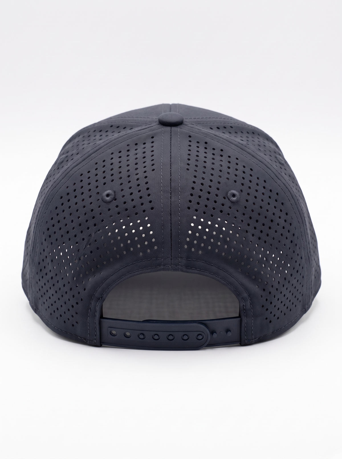 CAL FIRE 6-Panel Performance Hat - White Text, back view showing the perforated rear panels and snapback closure, dark navy with white-only CAL FIRE wordmark (product render)