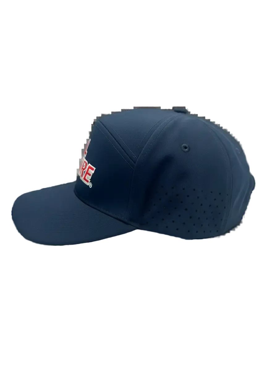 7 Panel Dome Athletic Hat in midnight navy with red CAL FIRE text - side angle view displaying dome shape and athletic construction