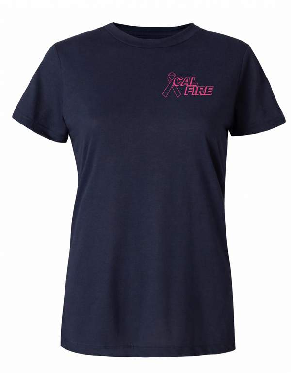 CAL FIRE Cares Womens DFND Short Sleeve Shirt - navy, front view with the pink CAL FIRE Cares Enough to Wear Pink left-chest logo