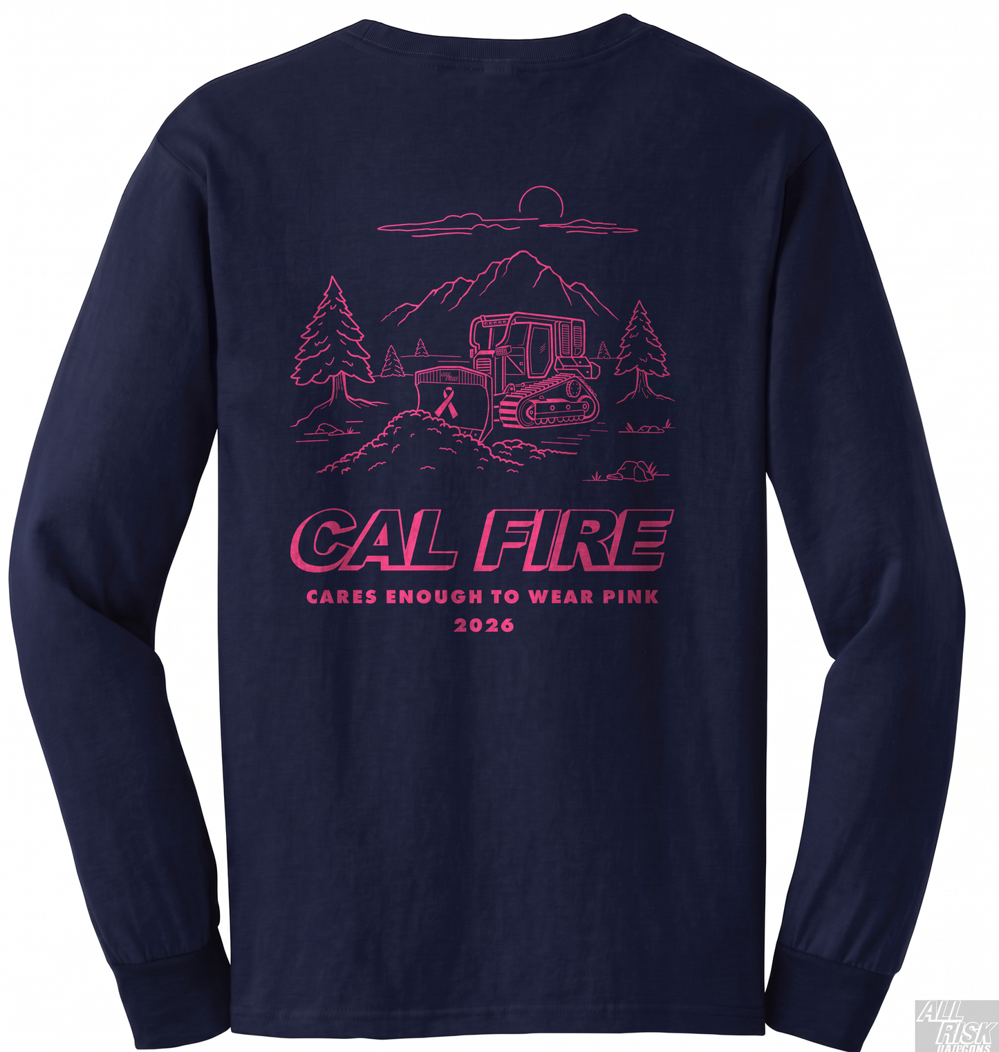 CAL FIRE Cares Mens DFND Long Sleeve Shirt - navy, back view with the full pink CAL FIRE Cares Enough to Wear Pink 2026 dozer design