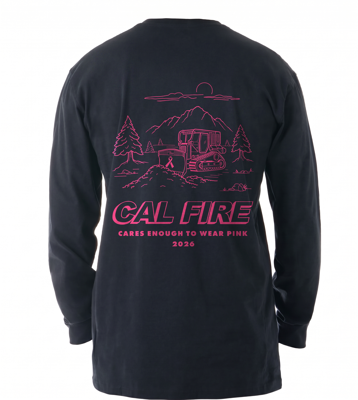 CAL FIRE Cares Premium Cotton Long Sleeve Shirt By First Tactical - navy, back view with the full pink CAL FIRE Cares Enough to Wear Pink 2026 dozer design