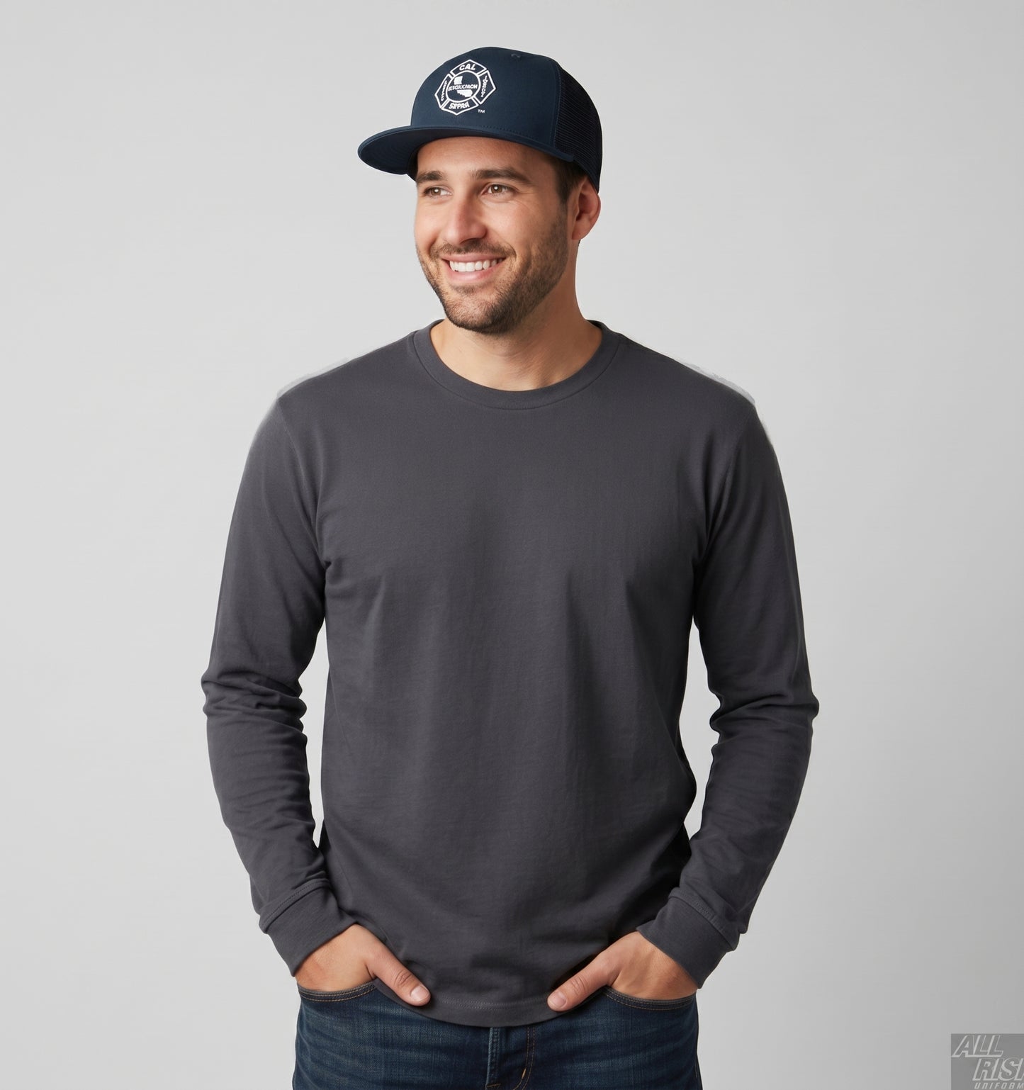 Person wearing New Era 403 Snapback Hat in midnight navy with CAL FIRE union logo showing comfortable fit, flat bill style, and union pride