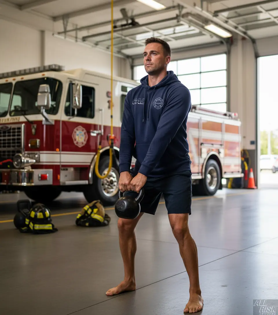 Cal Fire firefighter wearing performance sweatshirt during physical training workout