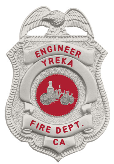 Badge with 'Engineer Yreka Fire Dept. CA' text and an eagle emblem on a white background
