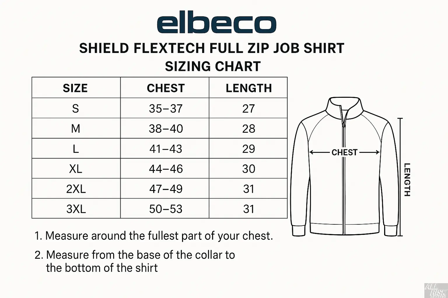 Elbeco Shield FlexTech Full Zip Size Chart