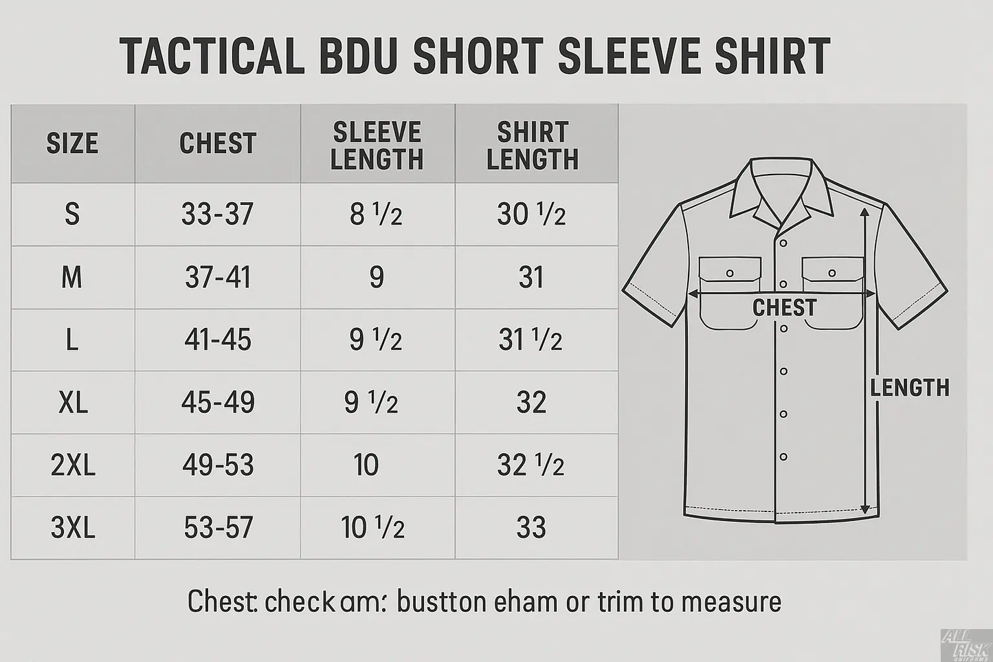 First Tactical BDU Short Sleeve Shirt Size Chart