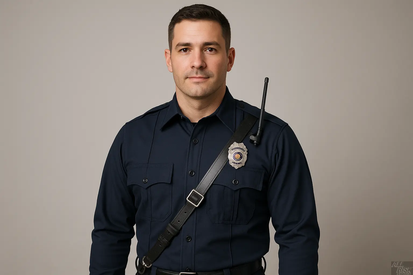 Firefighter wearing Flying Cross Nomex Long Sleeve Shirt in midnight navy with badge and radio strap showing professional fit, full arm coverage, and fire-resistant protection