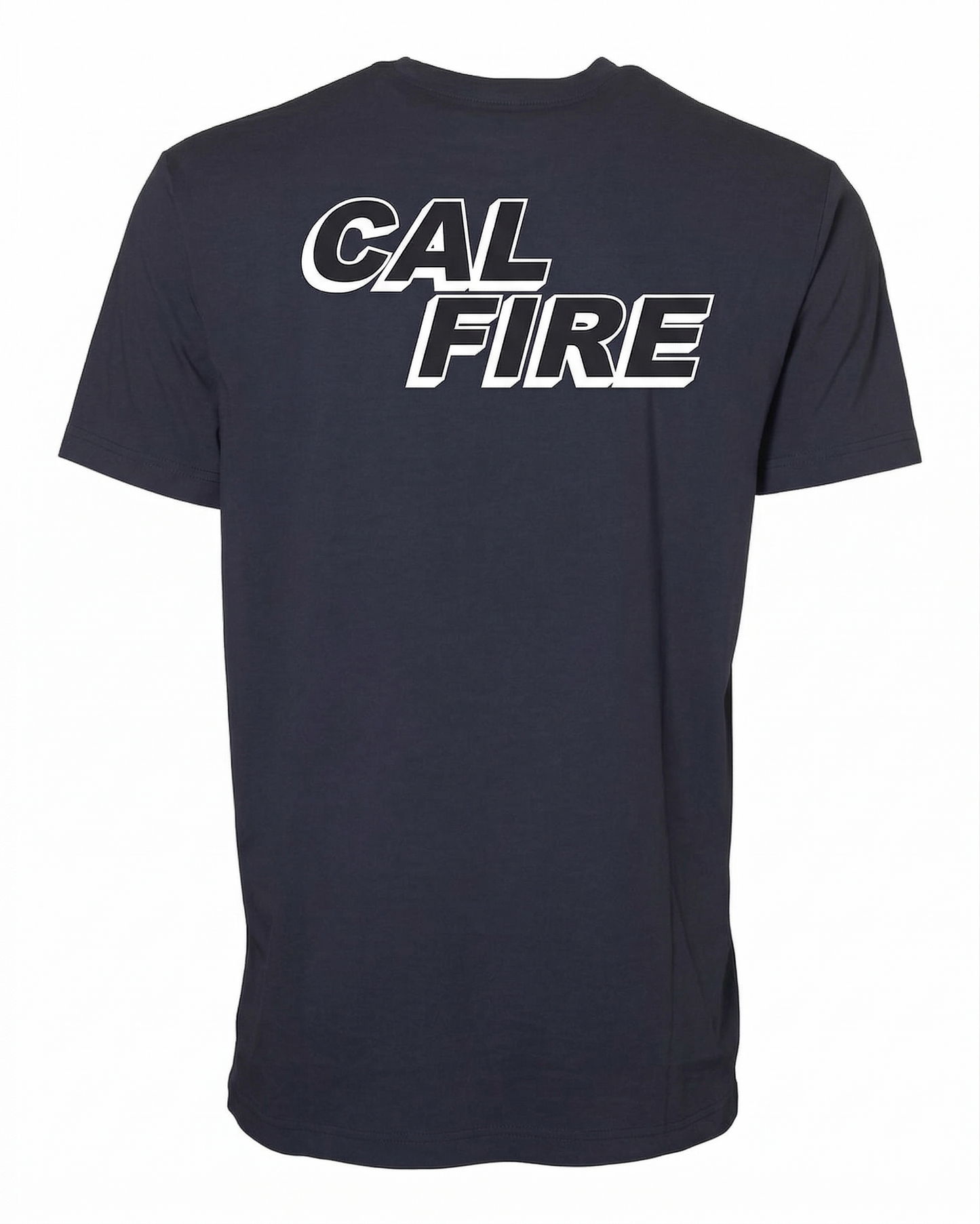 Back of the navy Independent lightweight CAL FIRE t-shirt with the large white CAL FIRE italic block wordmark across the upper back.
