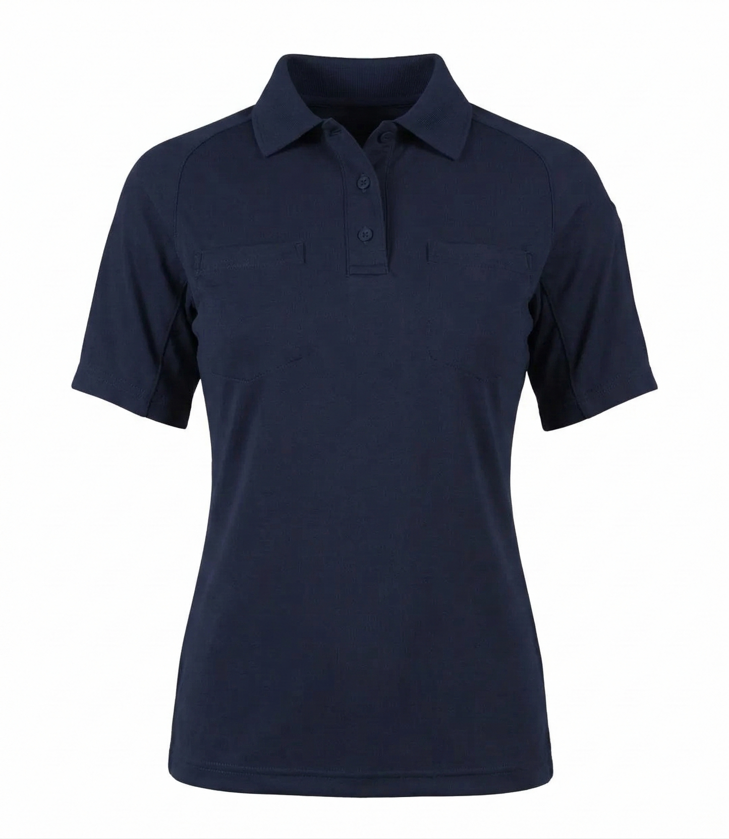 Front view of the plain navy women's polo showing the collar, button placket and the horizontal chest pocket seams, no logo.