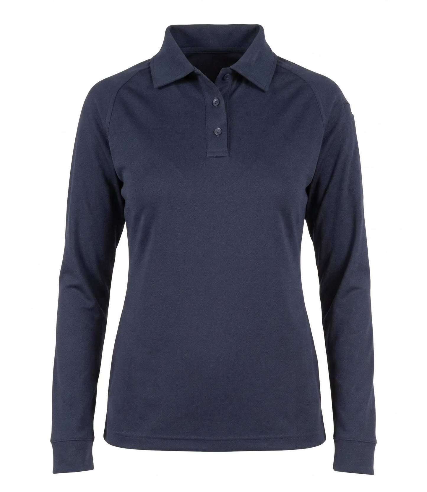 Front view of the plain navy women's long-sleeve polo with no logo, showing the collar and three-button placket.