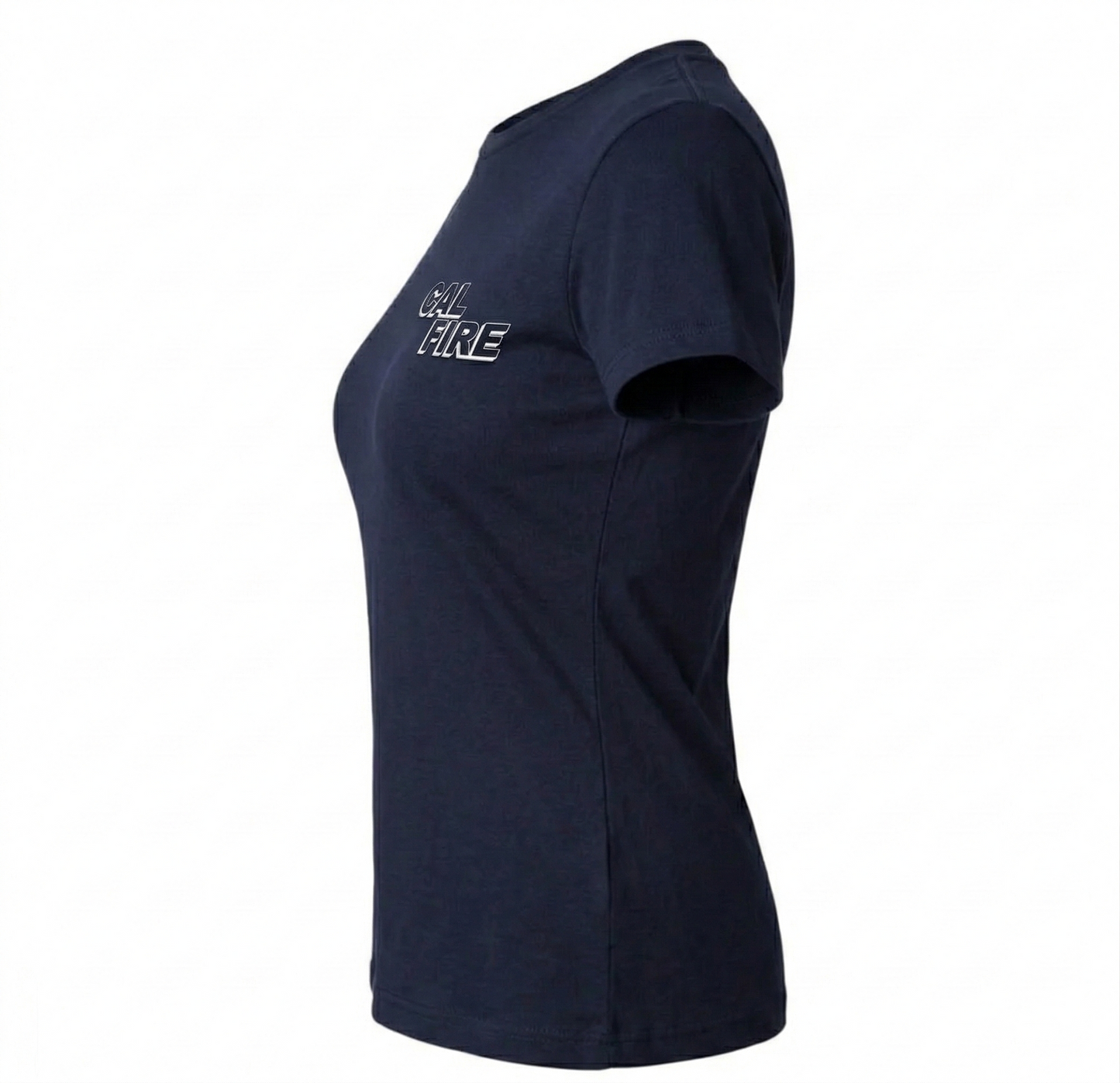 DFND-brand CAL FIRE women's contoured-fit short-sleeve duty t-shirt in navy — side profile view showing the women's-cut tapered silhouette and the CAL FIRE italic block-letter logo on the chest.