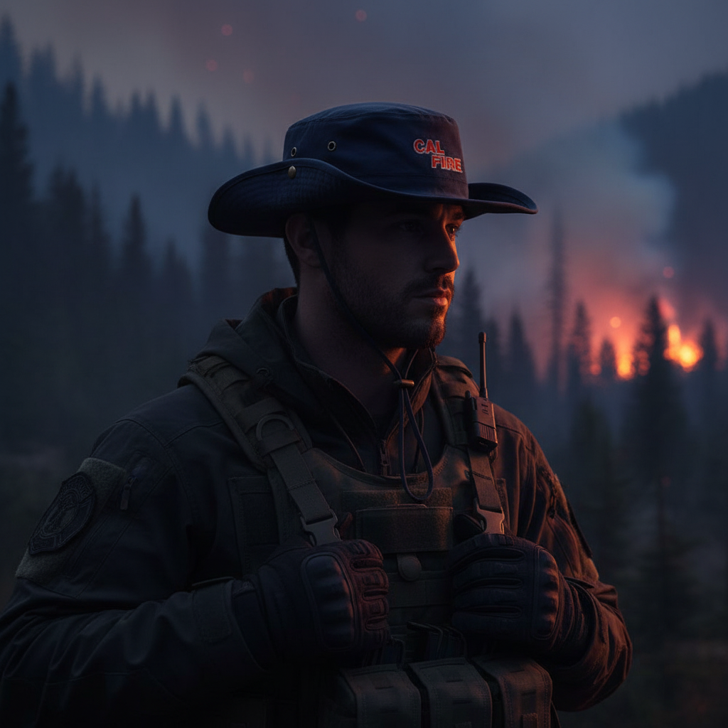 Wildland firefighter in dark gear near an active fire wearing the navy CAL FIRE boonie hat.