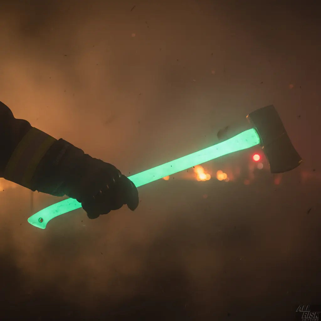 Firefighter locating Luminous Lock Slot axe in dark smoky environment - glowing handle visible in low-visibility conditions during emergency response