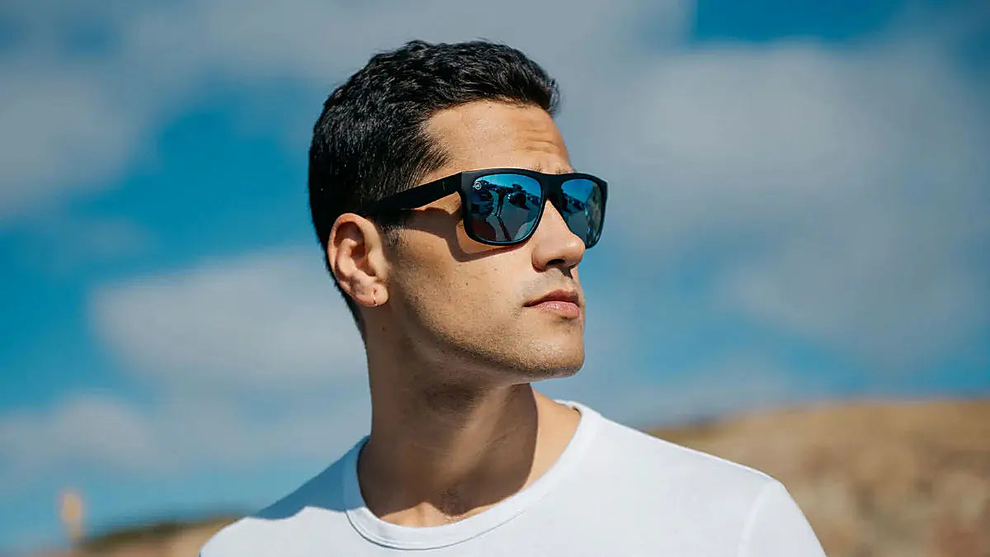 Matte Black on Black / Sky Blue Torrey Pines - Knockaround Sunglasses - close-up detail