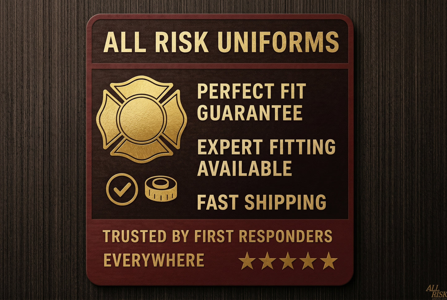 All Risk Uniforms trust badge graphic — gold maltese fire shield with Perfect Fit Guarantee, Expert Fitting Available, Fast Shipping, and 'Trusted by First Responders Everywhere' 5-star tagline on a black and dark-red background.