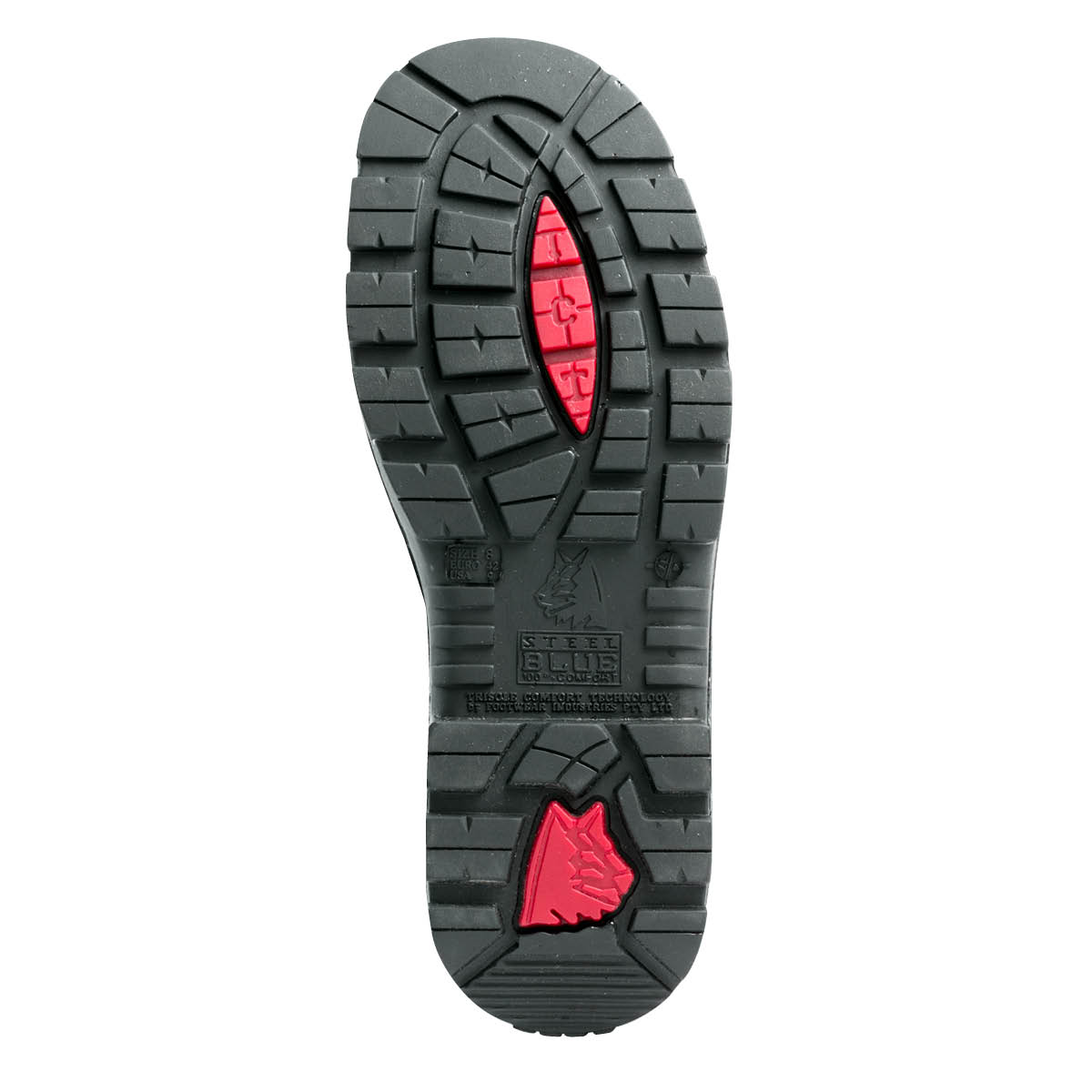 Detail illustration of the Trisole soft-toe outsole technology — black TPU lug pattern with red PORON shock-absorption inserts.