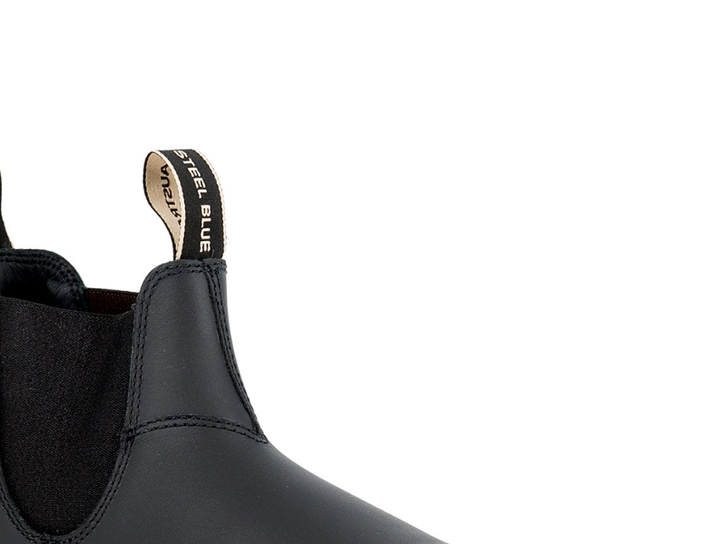 Steel Blue Hobart men's square-toe boot — close-up of the side elastic gusset and twin beige pull tabs at the back of the boot.