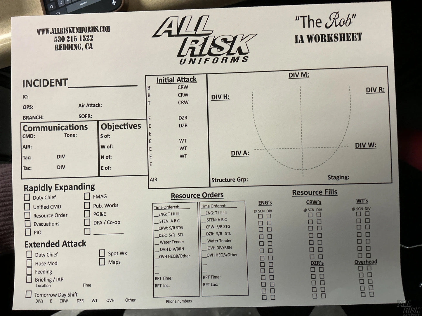 “The Rob” All Hazard Run Sheet ALL RISK UniformsCAL FIRE ALL RISK Uniforms