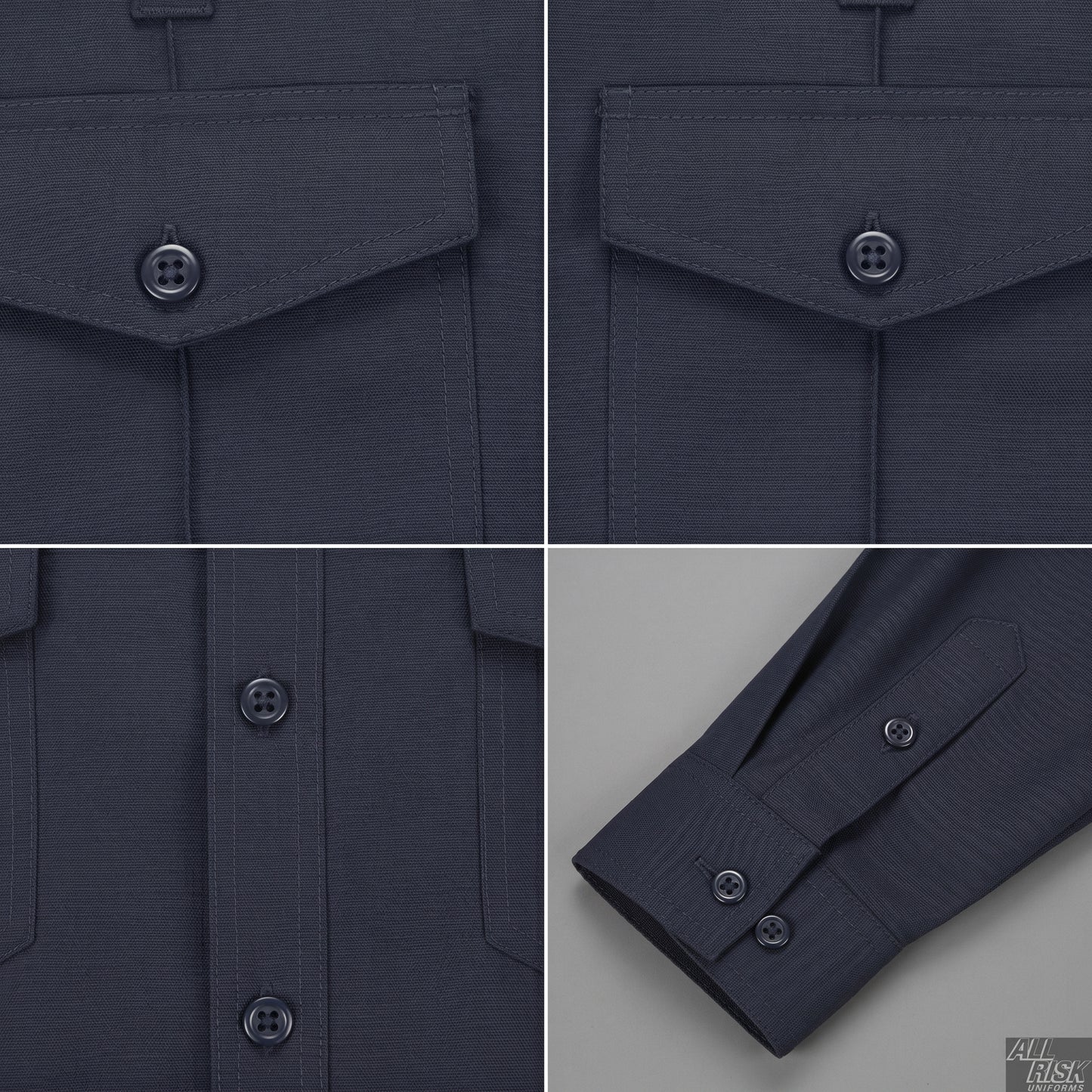 WorkRite Nomex shirt midnight navy detail shots showing fabric texture and flame-resistant construction