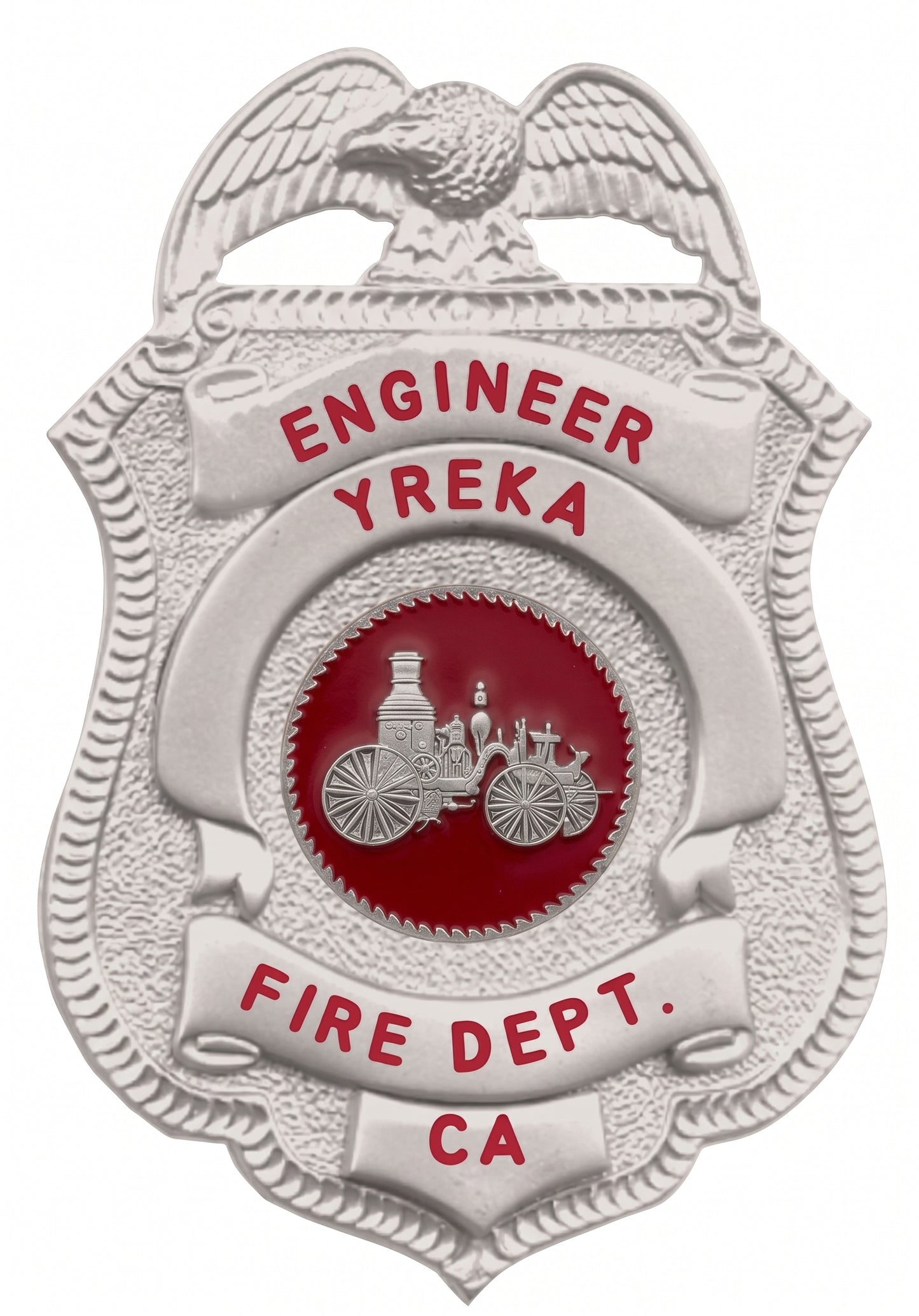 Badge with 'Engineer Yreka Fire Dept. CA' text and an eagle emblem on a white background