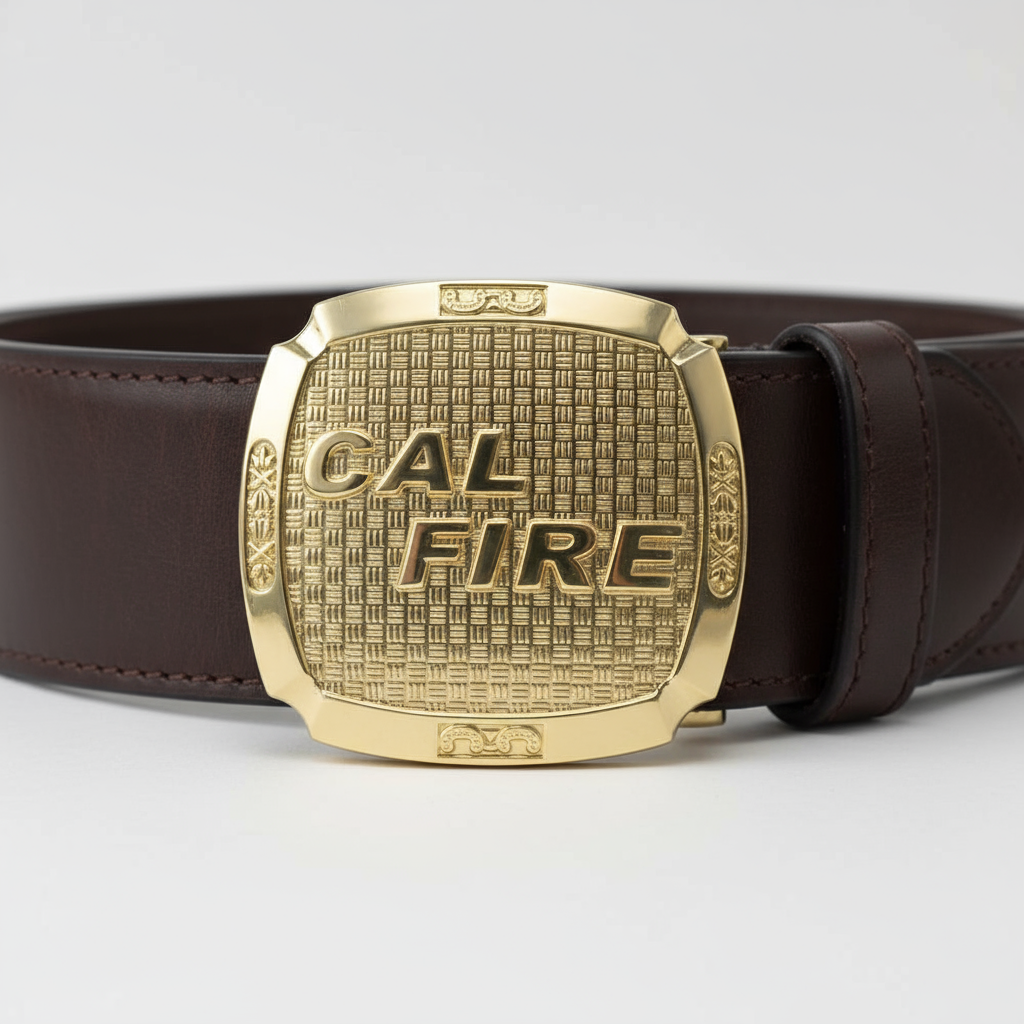 CAL FIRE belt buckle detail on Class A uniform belt showing brass construction