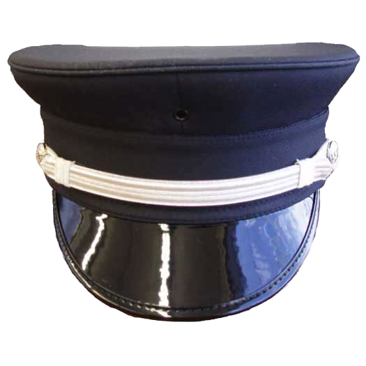 A black, semi-pershing class A firefighter's hat with an adjustable interior sweatband.