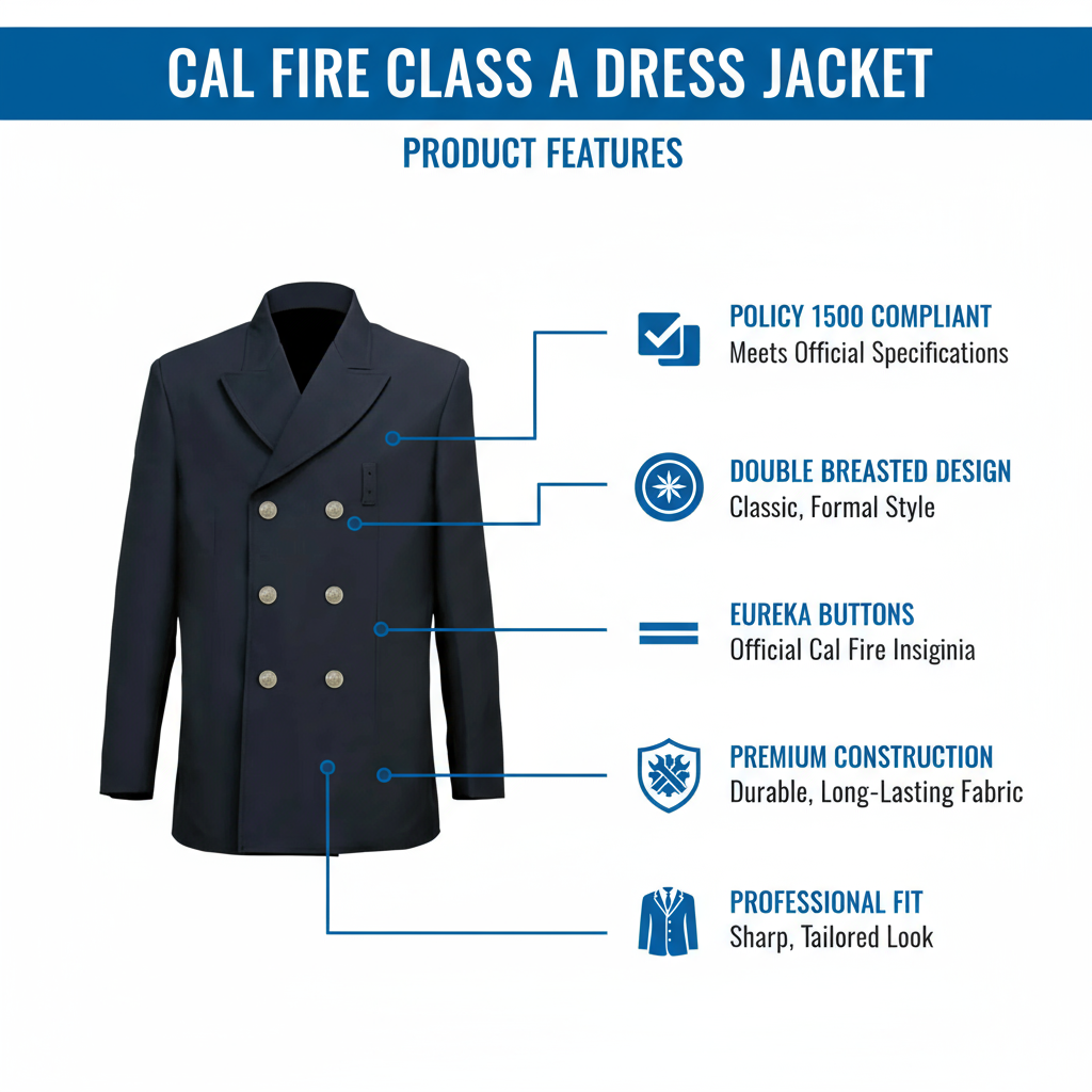 CAL FIRE Class A dress jacket features infographic - Policy 1500 compliant, double breasted, Eureka buttons, actual product