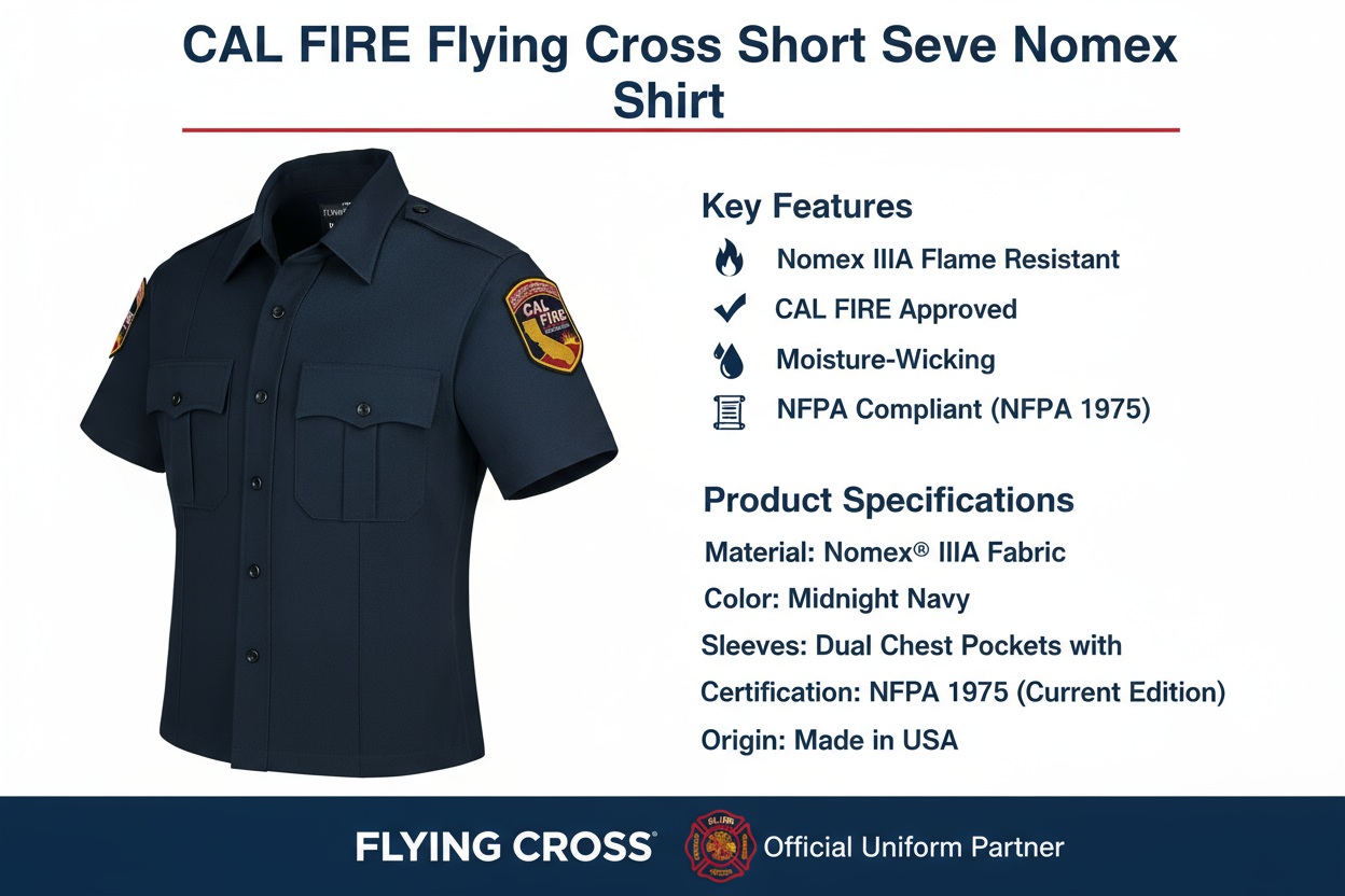 CAL FIRE Flying Cross Short Sleeve Nomex Shirt - Official Flame Resistant Wildland Firefighting Uniform Information Guide with Product Specifications and Features