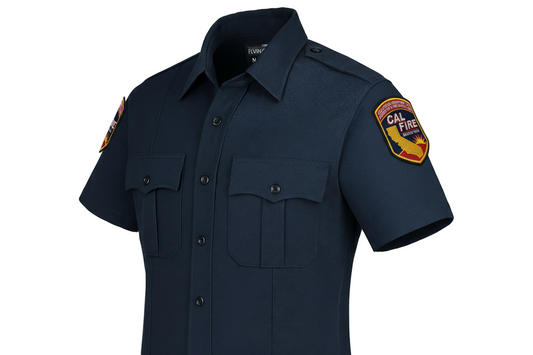 Flying Cross Nomex Short Sleeve Shirt in midnight navy - front view showing fire-resistant construction, badge tabs, chest pockets with pointed flaps, seven-button placket, and shoulder straps" ✓ Already has good alt text