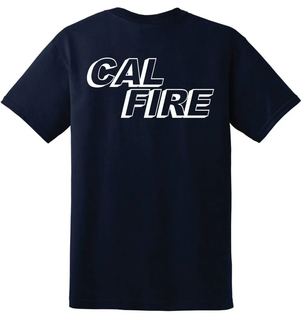 DFND-brand CAL FIRE women's contoured-fit short-sleeve duty t-shirt in navy — back view with large white CAL FIRE italic block-letter logo printed across the upper back.
