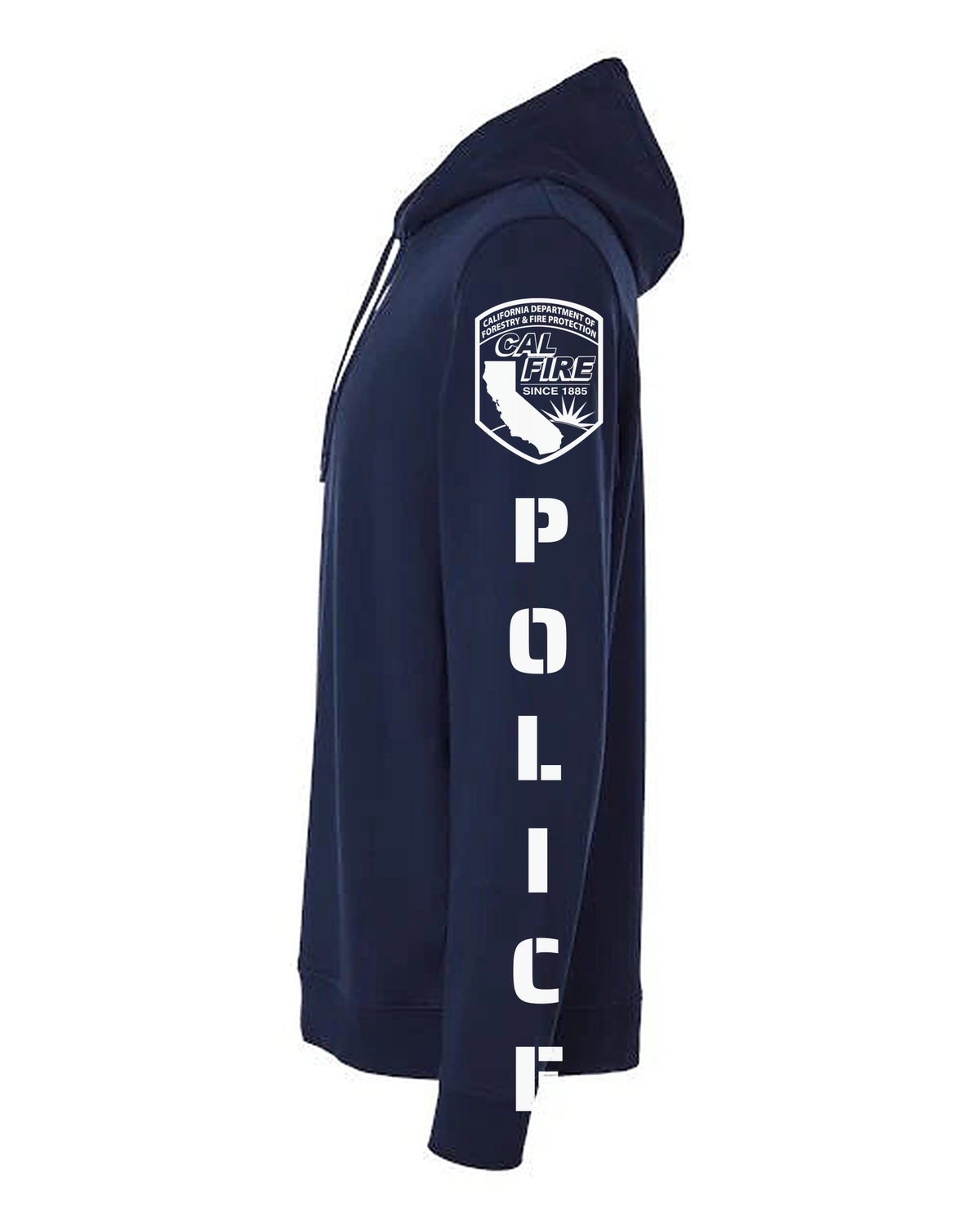 Side profile of the navy CAL FIRE Law Enforcement Performance Sweatshirt showing the full sleeve print - the CAL FIRE shield on the shoulder above vertical POLICE lettering running down the arm