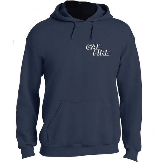Navy hoodie with 'CAL FIRE' text on a white background