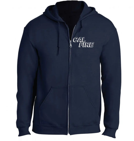 Navy blue hoodie with 'CAL FIRE' logo on a white background