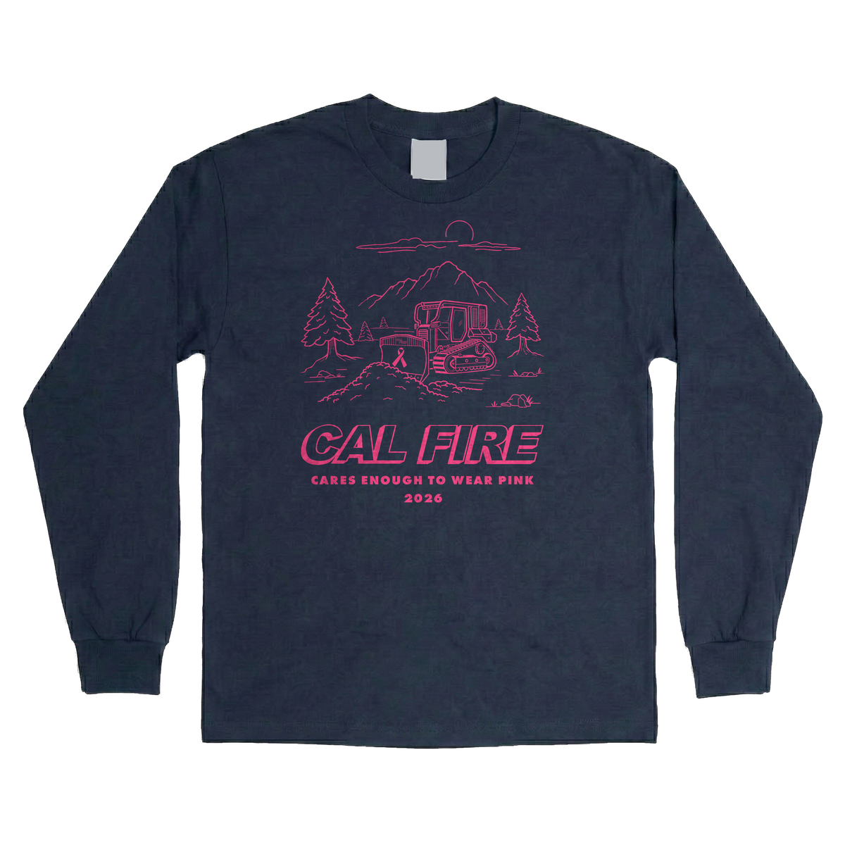 CAL FIRE Cares Comfort Long Sleeve Shirt By Pro Club - navy, back view with the full pink CAL FIRE Cares Enough to Wear Pink 2026 dozer design