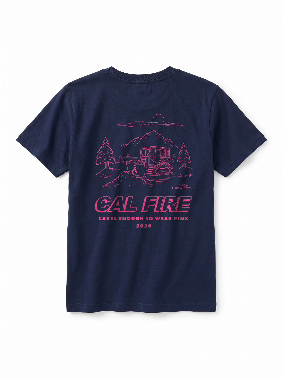 CAL FIRE Cares Youth Short Sleeve Shirt By Pro Club - navy kids tee, back view with the full pink CAL FIRE Cares Enough to Wear Pink 2026 dozer design