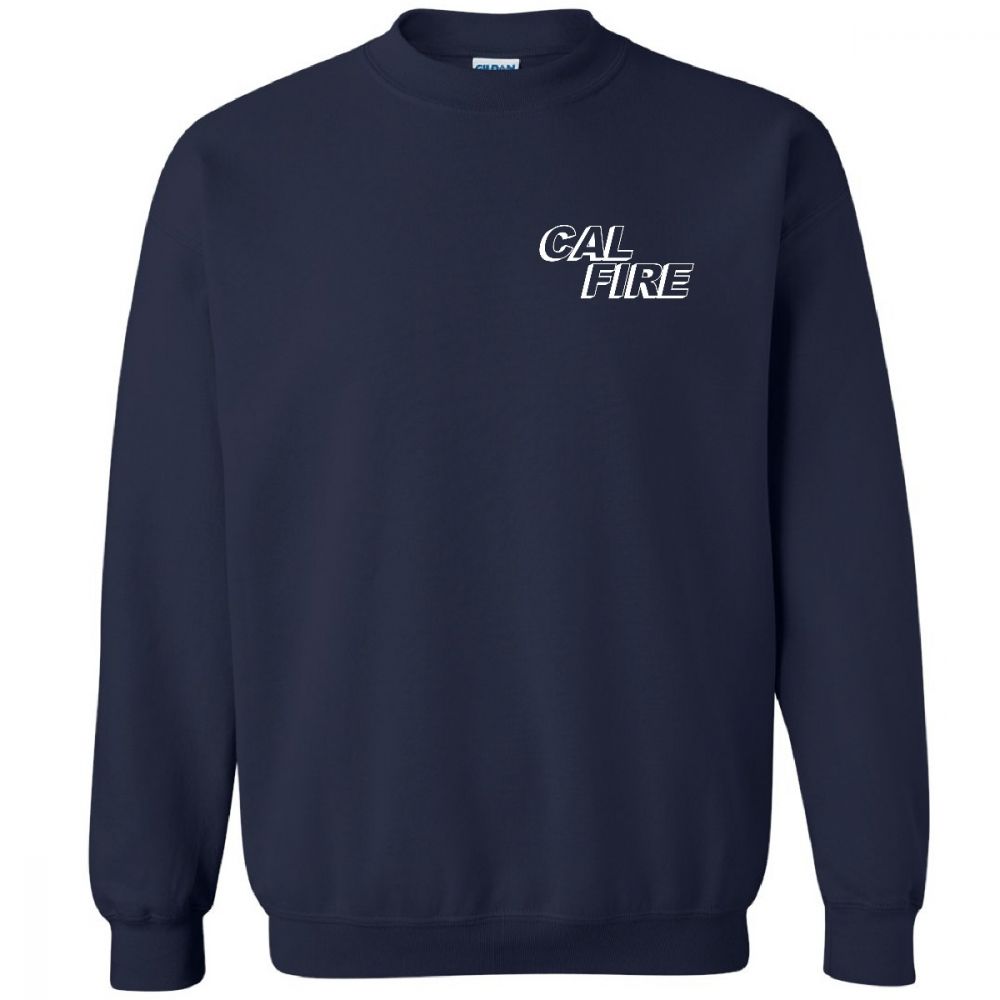 Navy blue crewneck sweatshirt with 'CAL FIRE' text on the front.