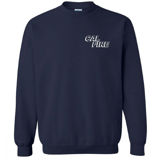 Navy blue crewneck sweatshirt with 'CAL FIRE' text on the front.