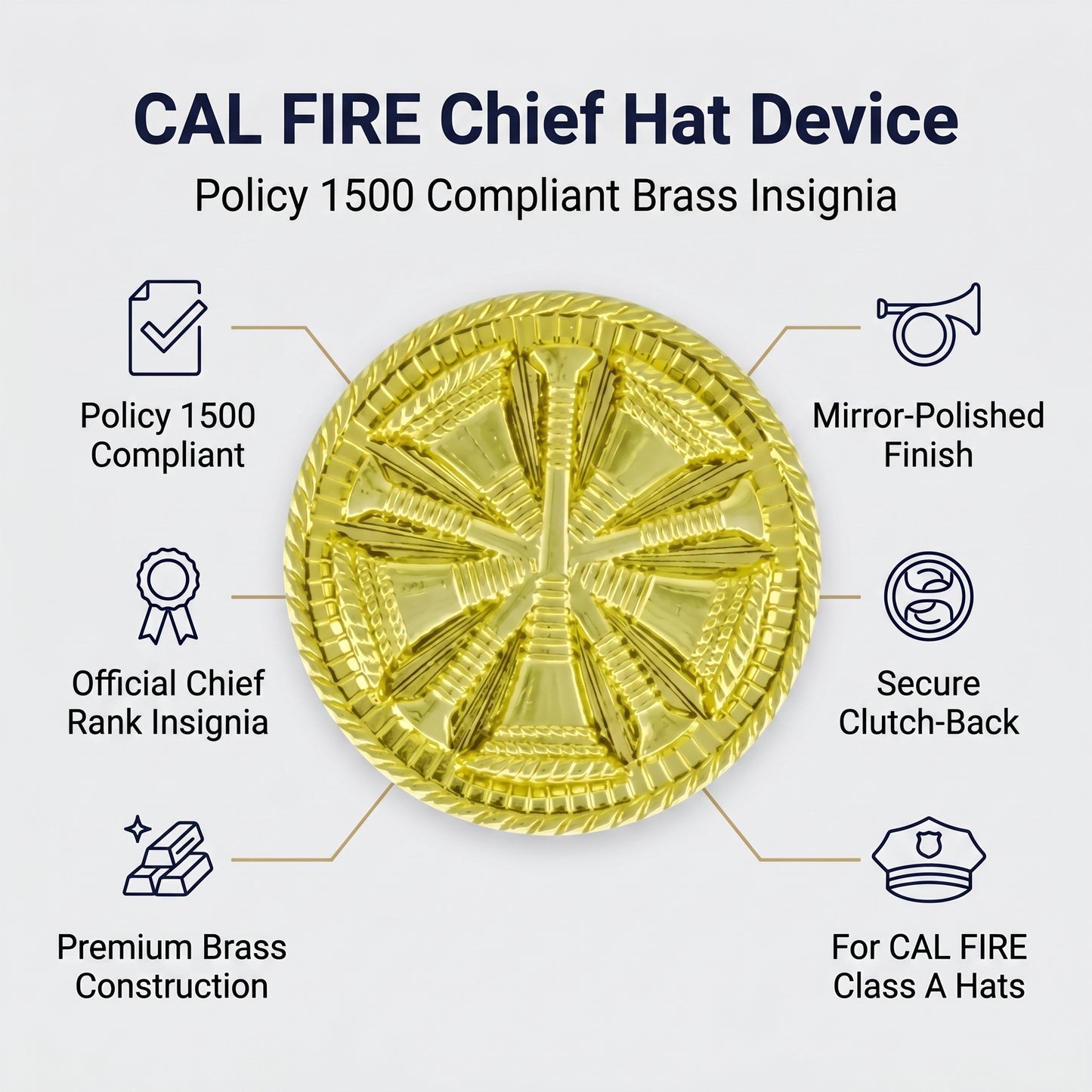 CAL FIRE Chief Hat Device features - Policy 1500 compliant, official Chief rank insignia, premium brass, mirror-polished, secure clutch-back, for Class A hats