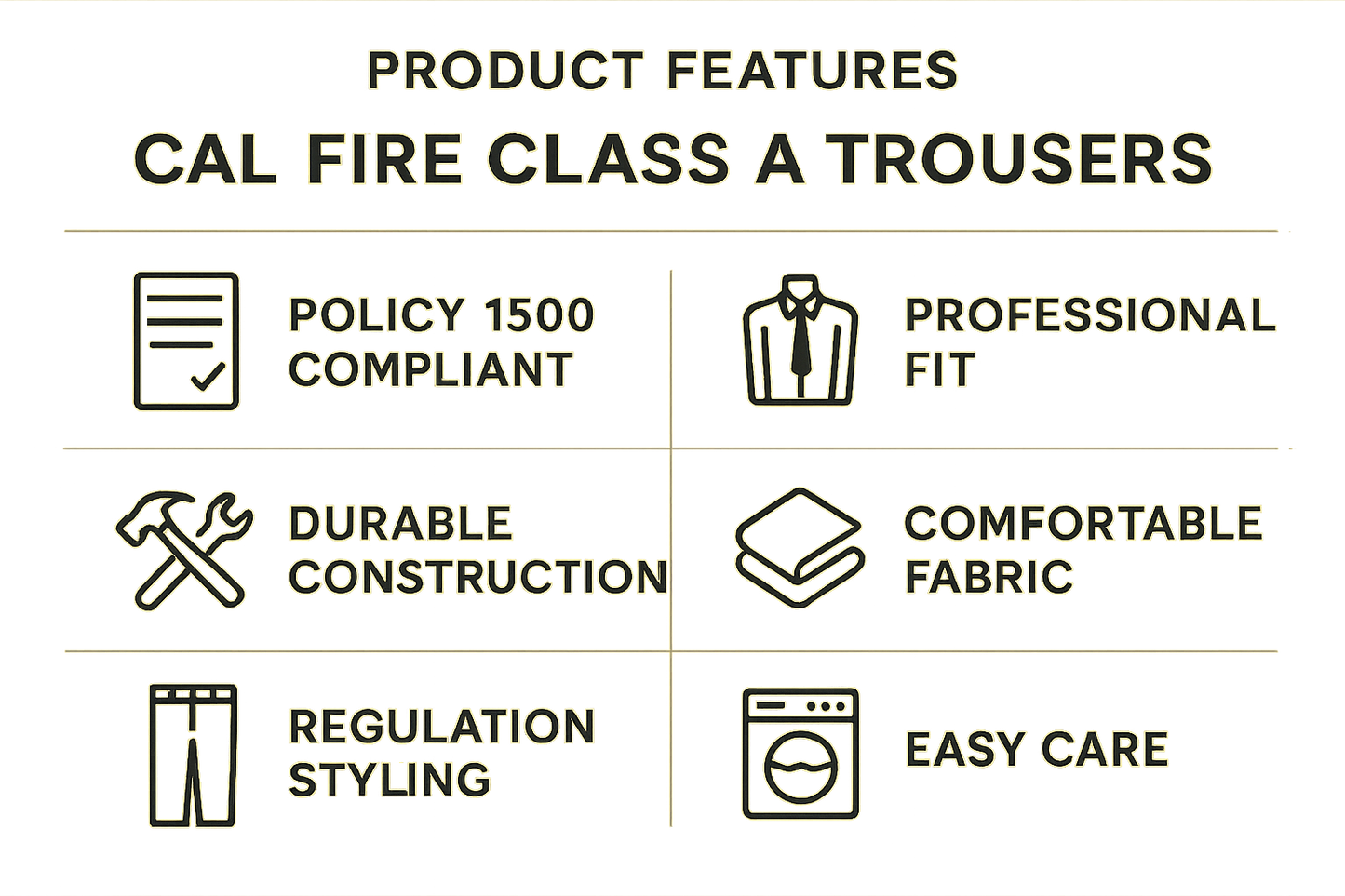 CAL FIRE Class A trousers sizing guide with waist and inseam measurements for proper fit