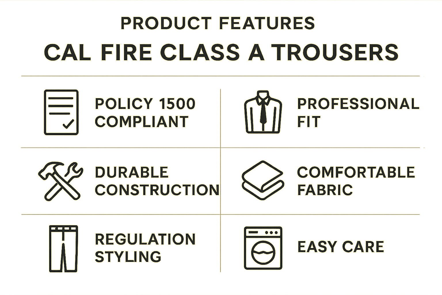 CAL FIRE Class A trousers sizing guide with waist and inseam measurements for proper fit